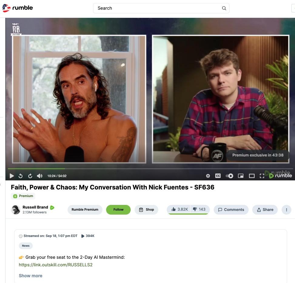 Screenshot of Fuentes on Russell Brand's Show, with the episode titled: "Faith, Power & Chaos: My Conversation With Nick Fuentes - SF636