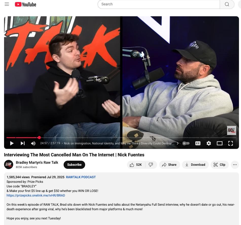 Screenshot of Bradley Martyn's interview with fuentes which earned over 1.5M views, as of 10/2/25