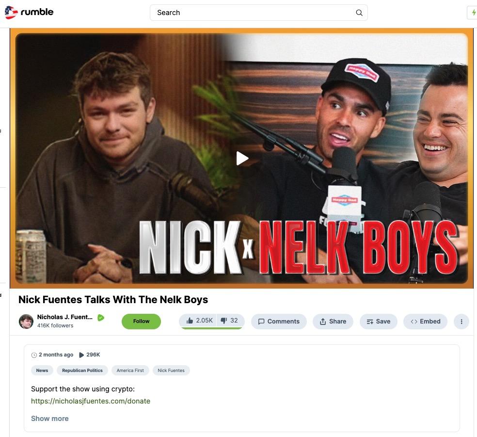 Screenshot of Fuentes' rumble episode with the Nelk Boys, as of 10/2/25