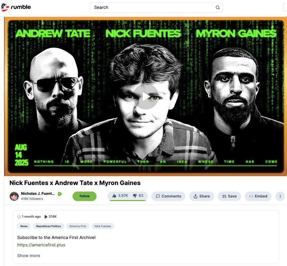 Screenshot of Fuentes' rumble upload of his conversation with Myron Gaines and Andrew Tate, as of 10/2/25