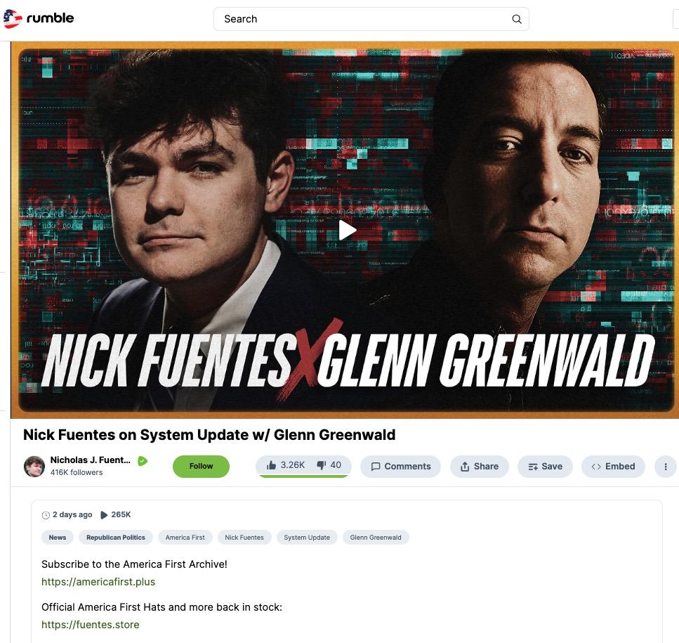 Screenshot of Fuentes' crosspost of his interview with greenwald, as of 10/2/25