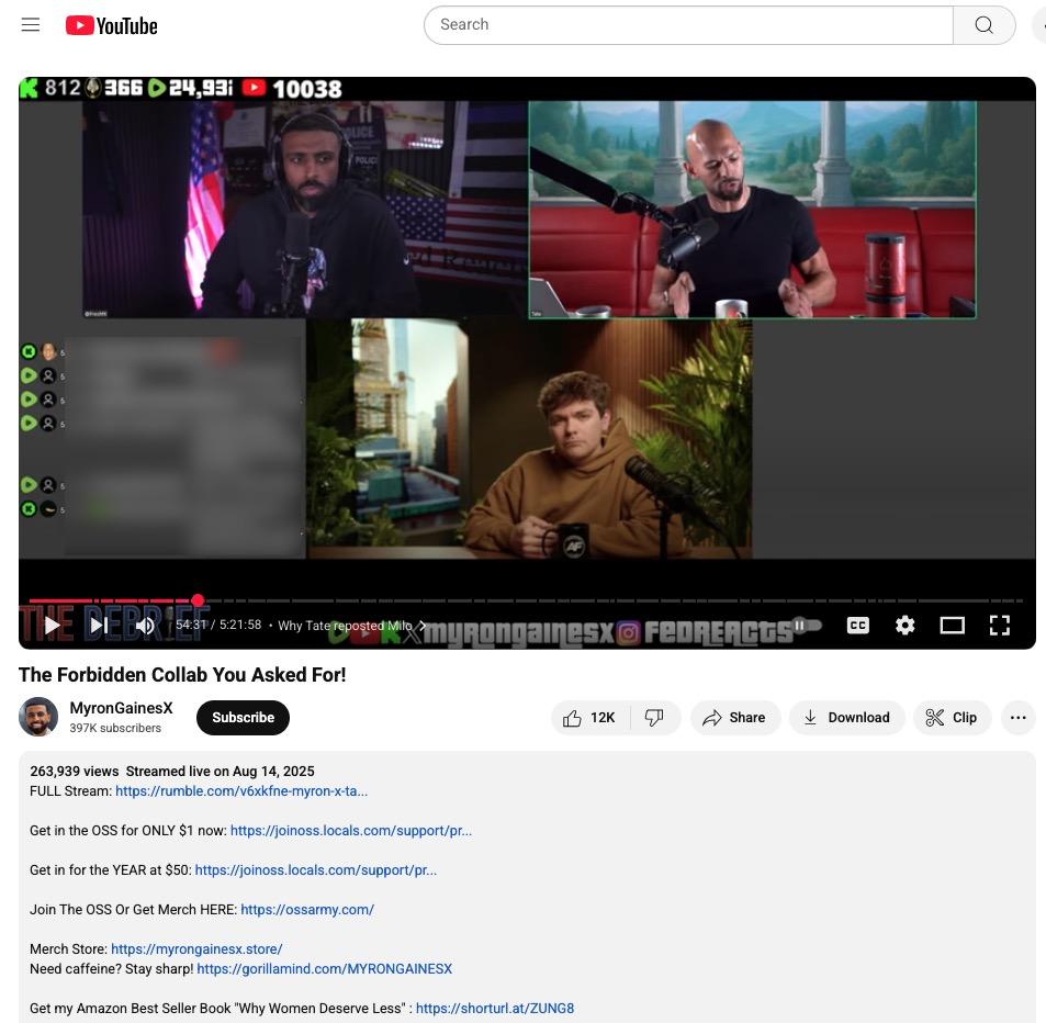 Screenshot of Myron Gaines youtube episode with Tate and Fuentes with 263K views