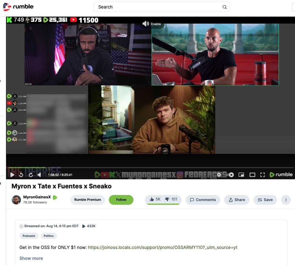 screenshot of Myron games' stream with andrew tate and nick fuentes showing 432K views, as of 10/2/25