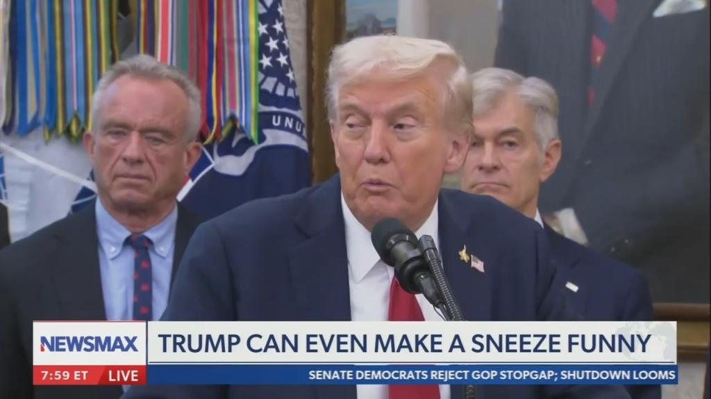 Newsmax screenshot on Trump making sneezing funny