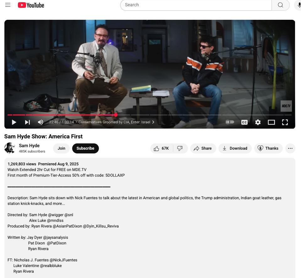 Screenshot of Sam Hyde's YouTube interview with Nick Fuentes with over 1.2M views, as of 10/2/25