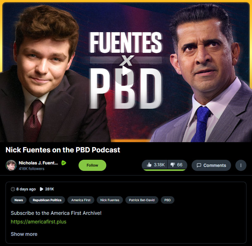 screenshot of Fuentes' crosspost of his interview with PBD on his own Rumble, as of 10/2/25