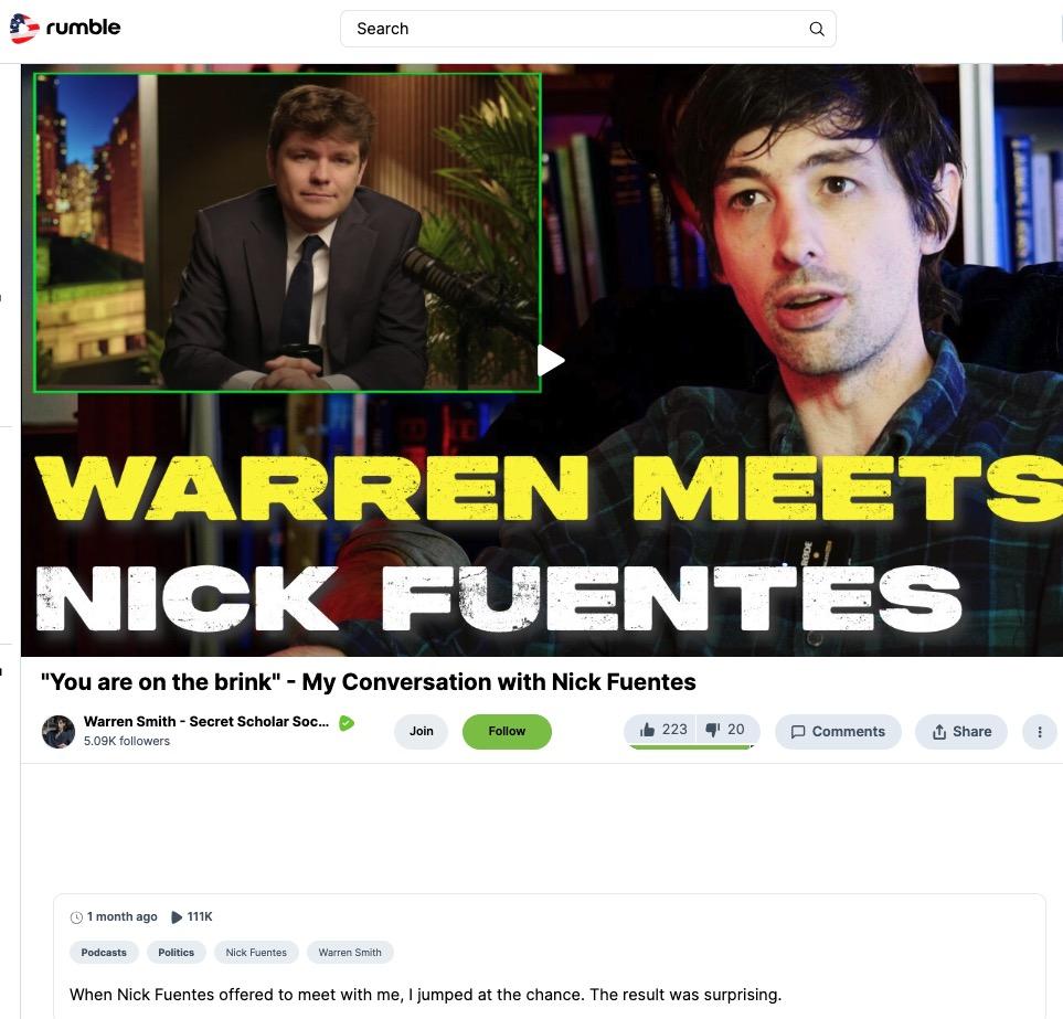 Screenshot of Warren Smith's Rumble episode page with Fuentes, 110K views