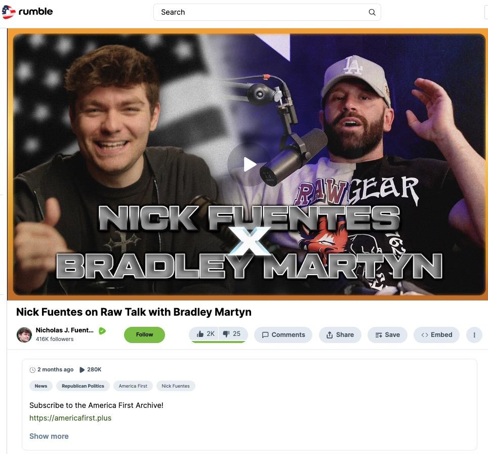 Screenshot of Fuentes' upload of his interview with Bradley Martyn, as of 10/2/25