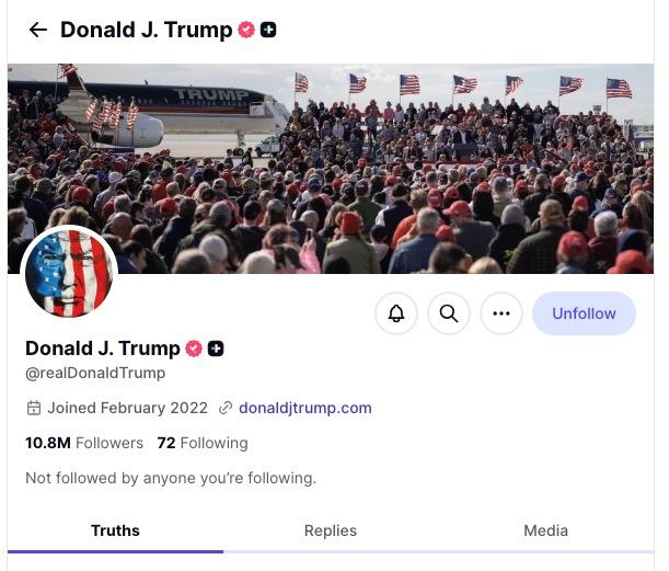 Trump's truth social account showing 10.8 million followers as of 9-30-25