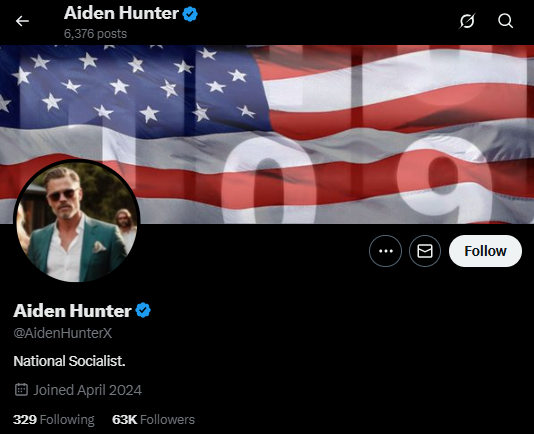 Screenshot of Aiden Hunter's bio online calling himself a "national socialist"