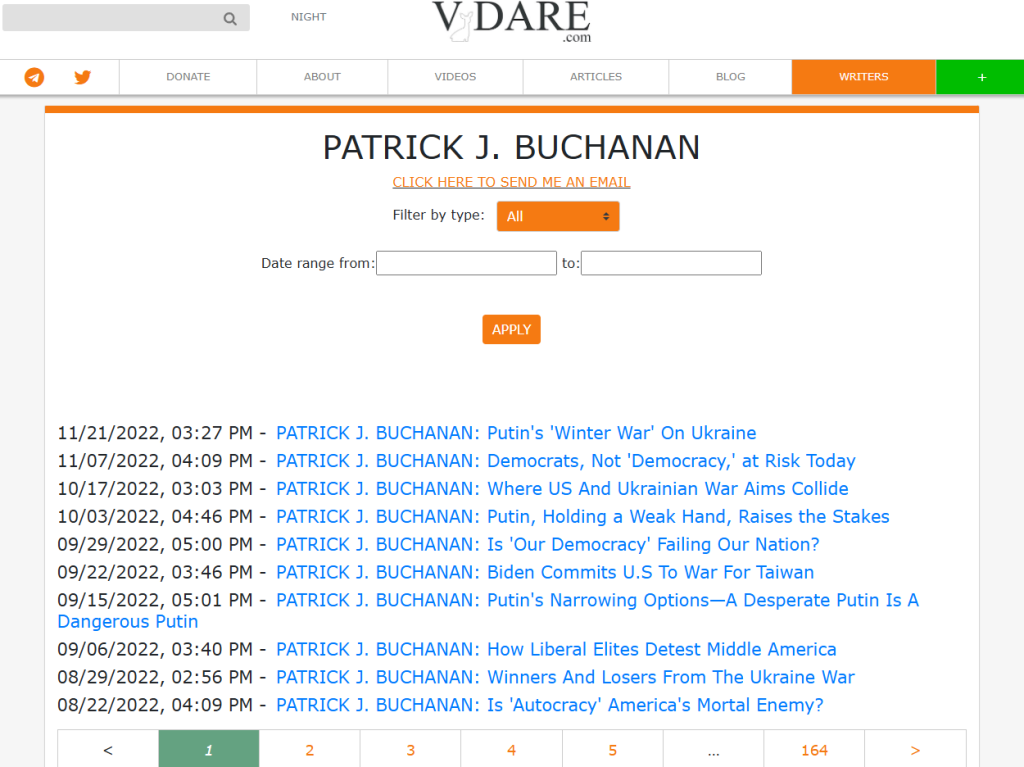Screenshot of the white nationalist site VDARE linking to all of Buchanan's articles for the site