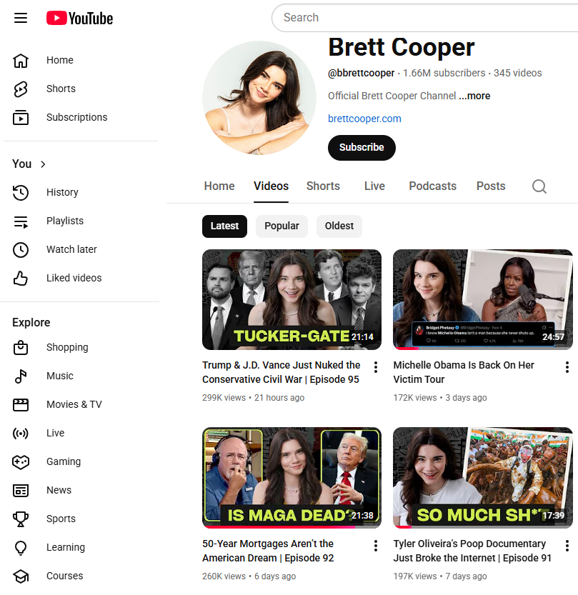 A screenshot showing Brett Cooper's YouTube videos, including one with the screencap reading "Is MAGA Dead?"
