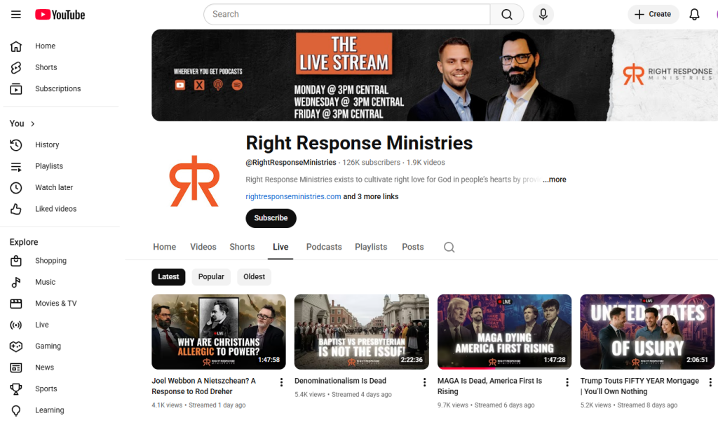 A screenshot of Right Response Ministries YouTube landing page for Live videos, including a stream entitled "MAGA is dead, America First is rising."