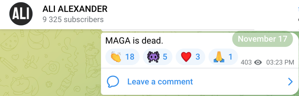 A screenshot of a Telegram post from "Stop the Steal" rally organizer Ali Alexander that reads "MAGA is dead."