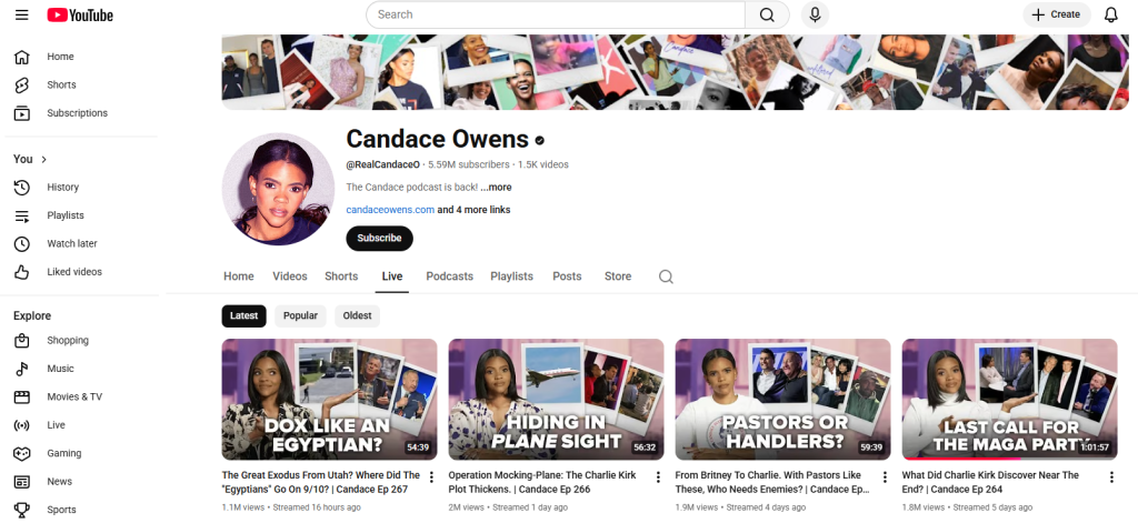 A screenshot showing part of Candace Owens' YouTube page, including a video with the words "Last Call for the MAGA Party" emblazoned on it.