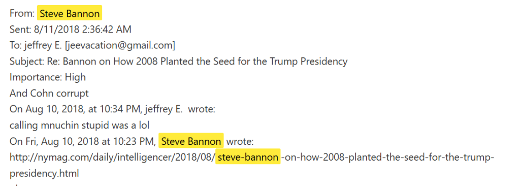 email exchange between Steve Bannon and Jeffrey Epstein