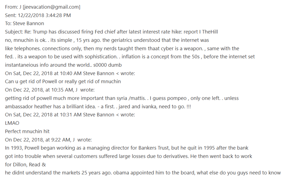 email exchange between Steve Bannon and Jeffrey Epstein