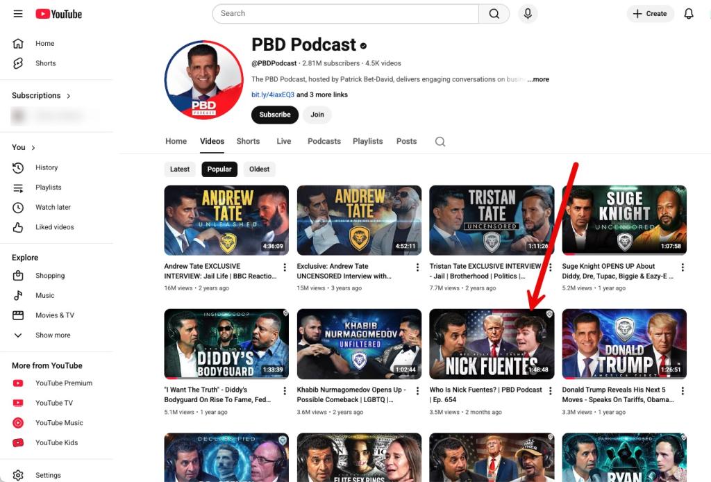 PBD Podcast most viewed YouTube videos showing video of Fuentes interview as 7th