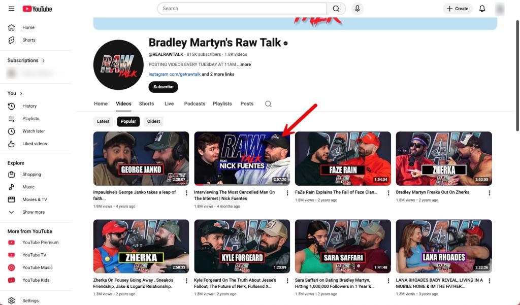 Raw Talk most viewed YouTube videos showing Fuentes in 2nd spot