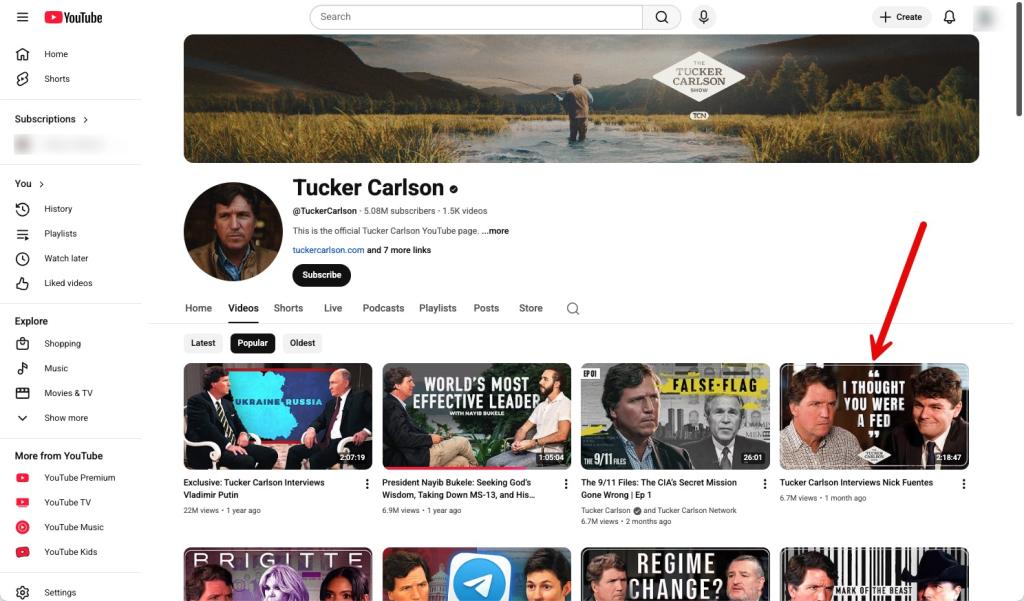 Tucker Carlson most viewed YouTube videos with his Fuentes interview 4th