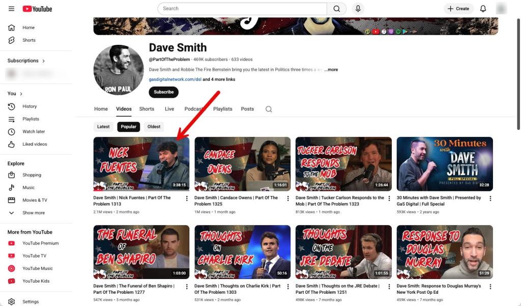 Part of the Problem most viewed YouTube videos showing Fuentes interview as the top one