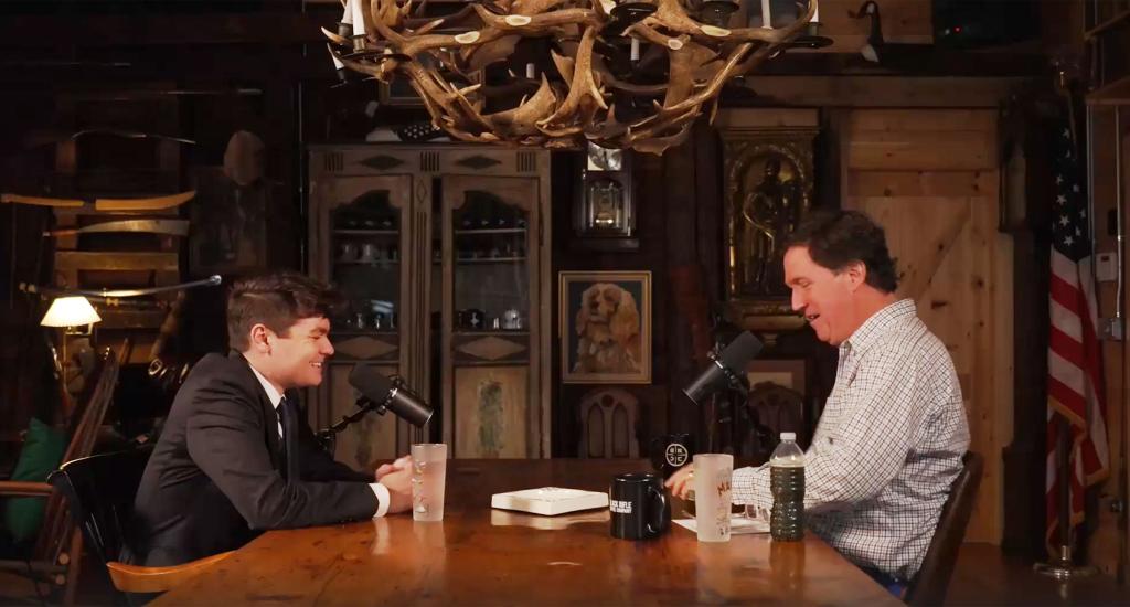 Screenshot of the Nick Fuentes Tucker Carlson interview lightly stylized