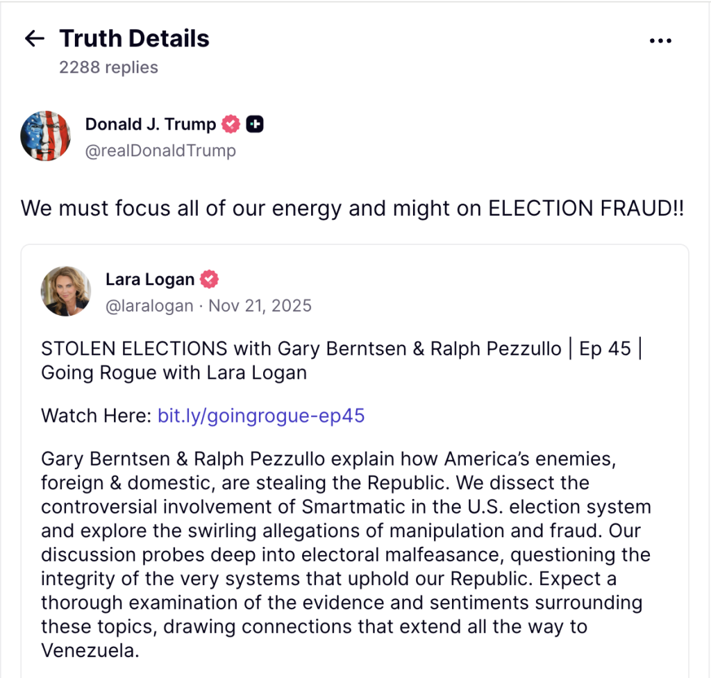 Image of Trump endorsing election conspiracy theory on Truth Social