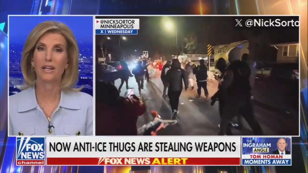 Chyron reads: "Now anti-ICE thugs are stealing weapons"