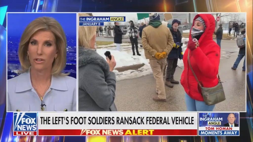 Chyron reads: “The left’s foot soldiers ransack federal vehicle”