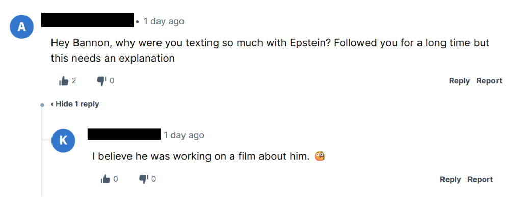 Rumble comment asking Bannon to explain his relationship to Epstein