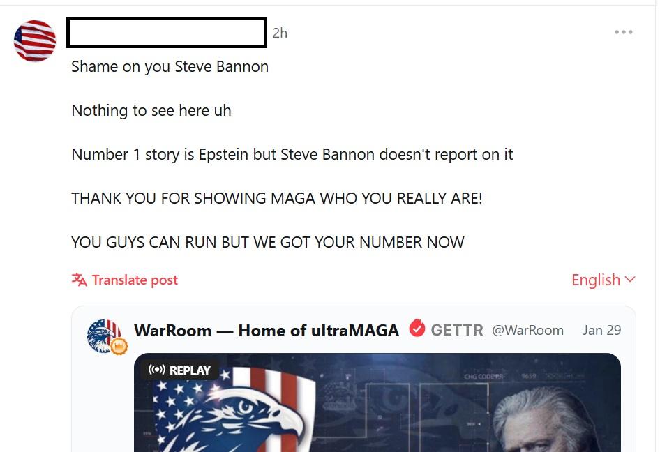 Gettr post "Shame on you Steve Bannon"