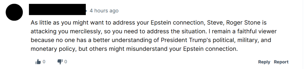 Rumble comment asking Bannon to explain his relationship to Epstein