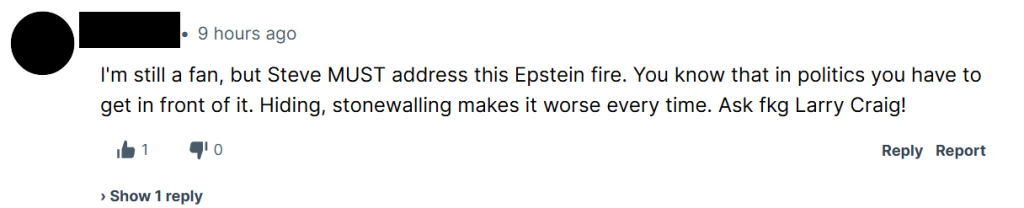 Rumble comment asking Bannon to explain his relationship to Epstein