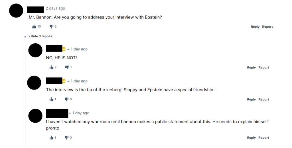 Rumble comment asking Bannon to explain his relationship to Epstein