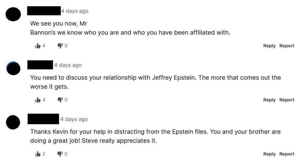 Rumble comments asking Bannon to explain his relationship to Epstein