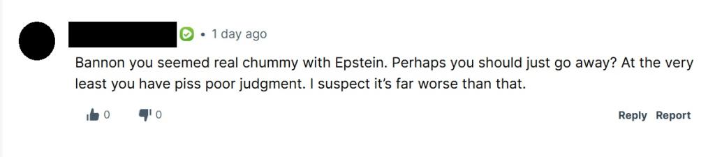 Rumble comment asking Bannon to explain his relationship to Epstein