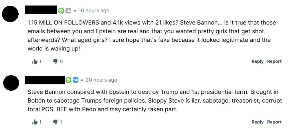 Rumble comments asking Bannon to explain his relationship to Epstein