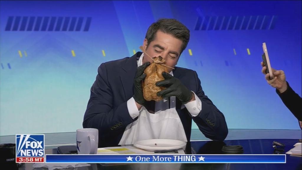 An image of Jesse Watters eating a whole chicken 