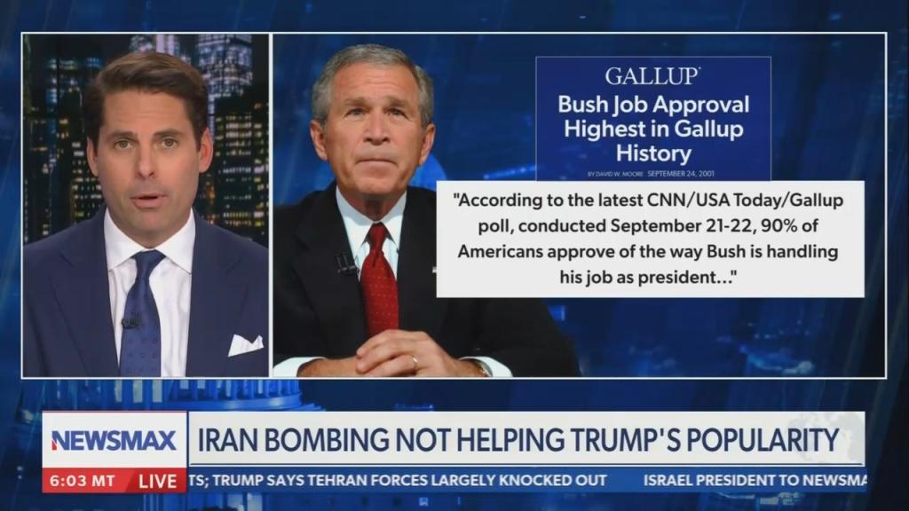 Newsmax chyron: Iran bombing not helping Trump's popularity 