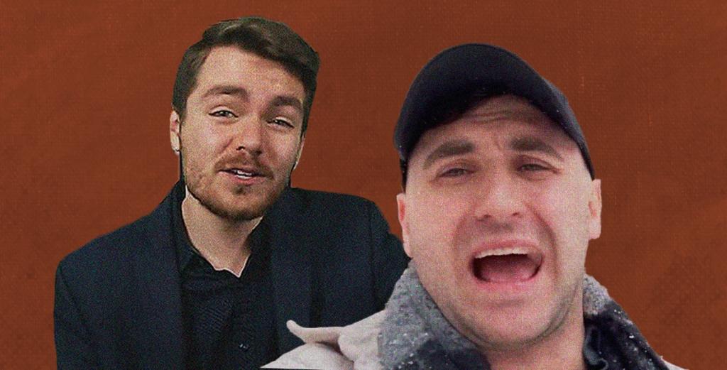 Images of Nick Fuentes and Jake Lang in front of a maroon-ish background