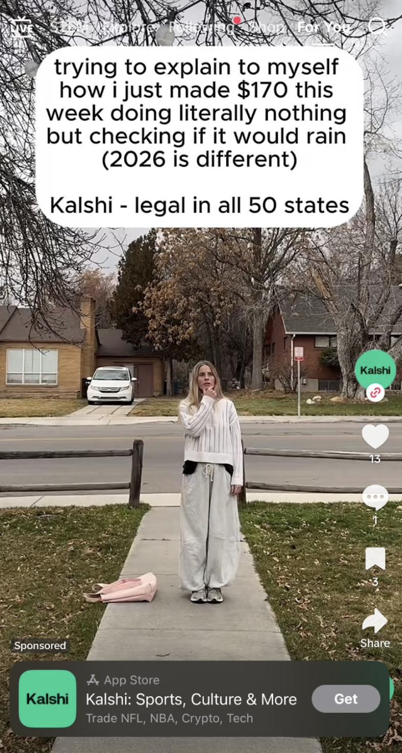 Kalshi, "trying to explain to myself how i just made $170 this week doing literally nothing but checking if it would rain"