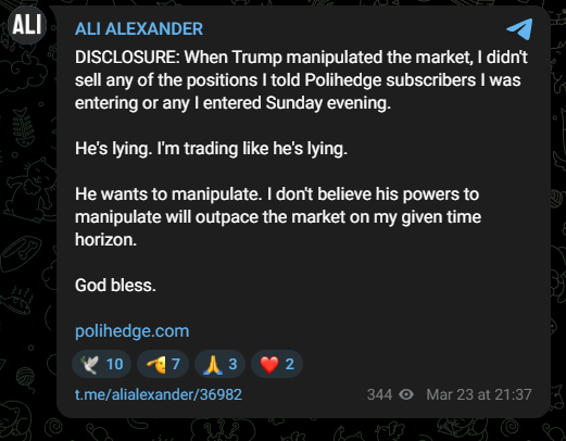 Ali Alexander Telegram post