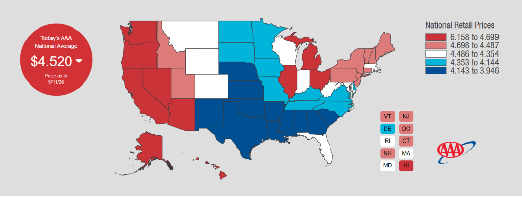 AAA national average gas prices as of May 11, 2026