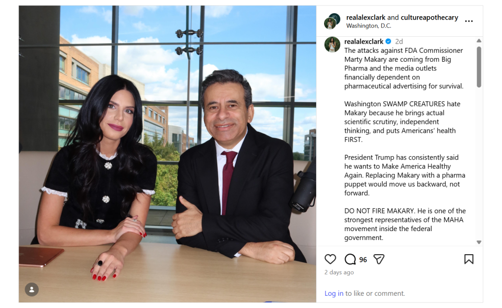 Alex Clark voices support for Marty Makary on Instagram