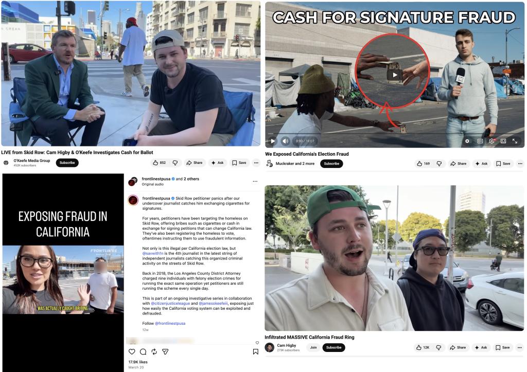 Screenshots of 4 videos of influencers on skid row