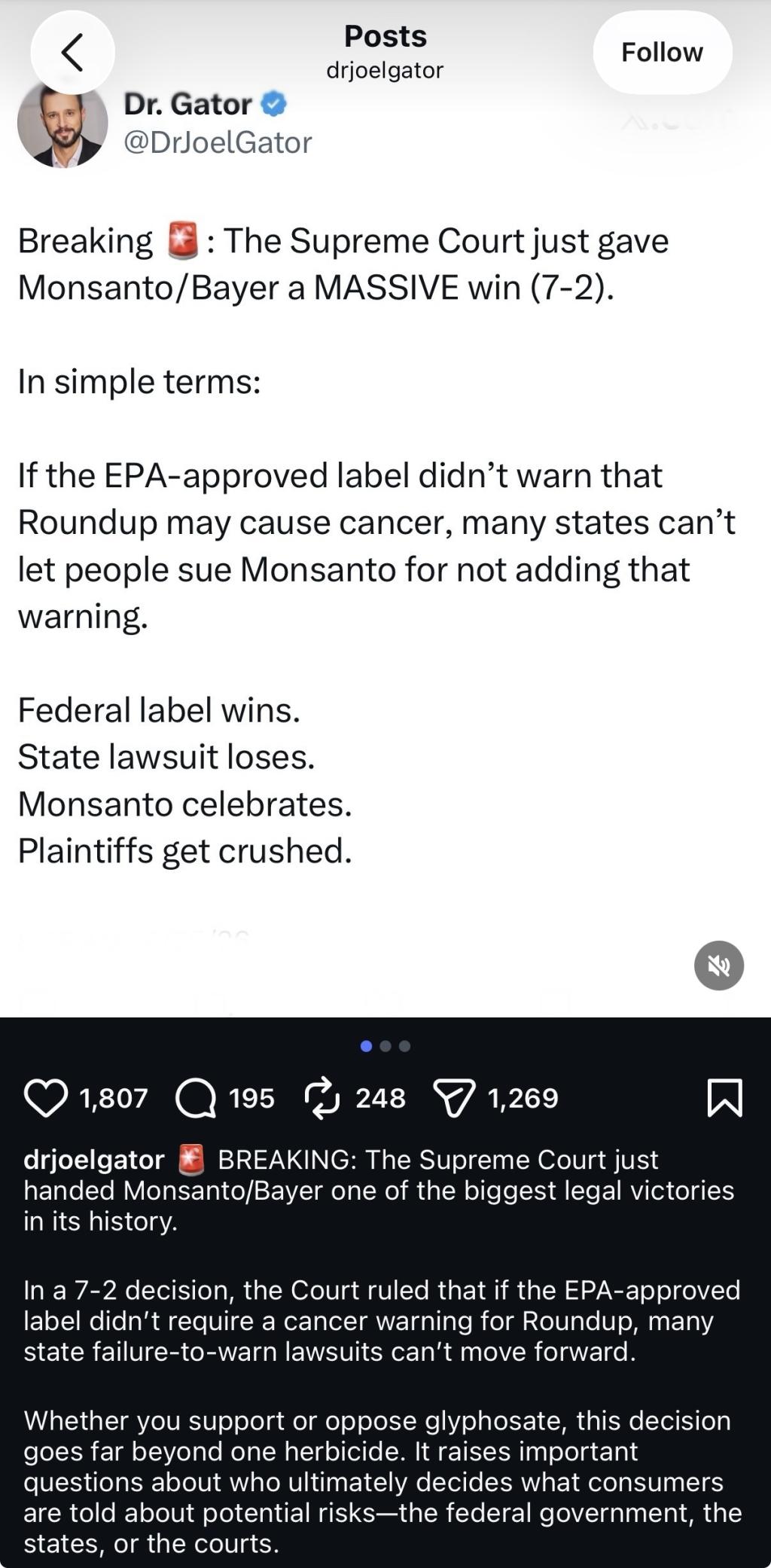 Joel Gator post & caption 