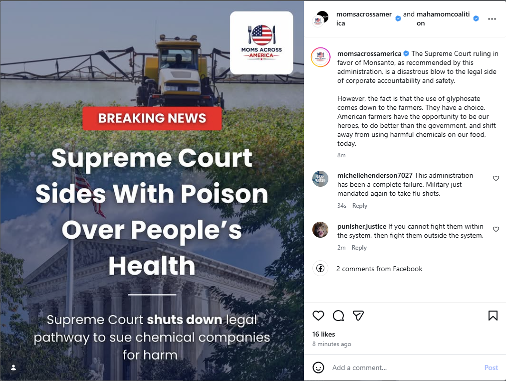 Moms Across America Instagram post 