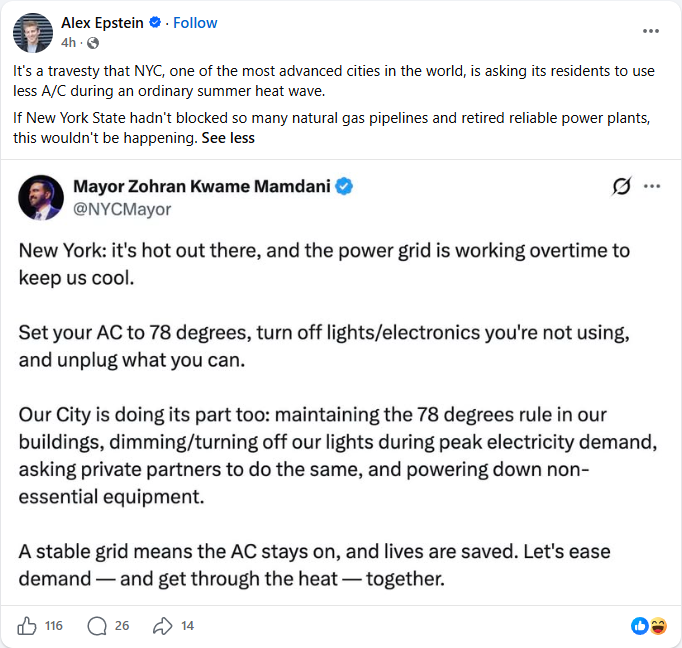 Screen on facebook of an X post from Alex Epstein 