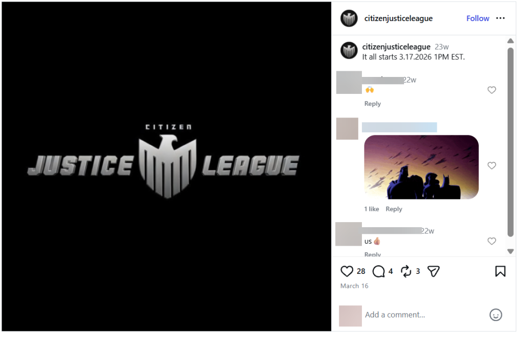 Post from the citizenjusticeleague Instagram account with their logo