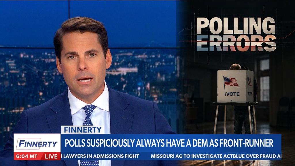 Newsmax host Rob Finnerty in front of a graphic that says Polling Errors. the lower third says "polls suspiciously always have a Dem as a front-runner